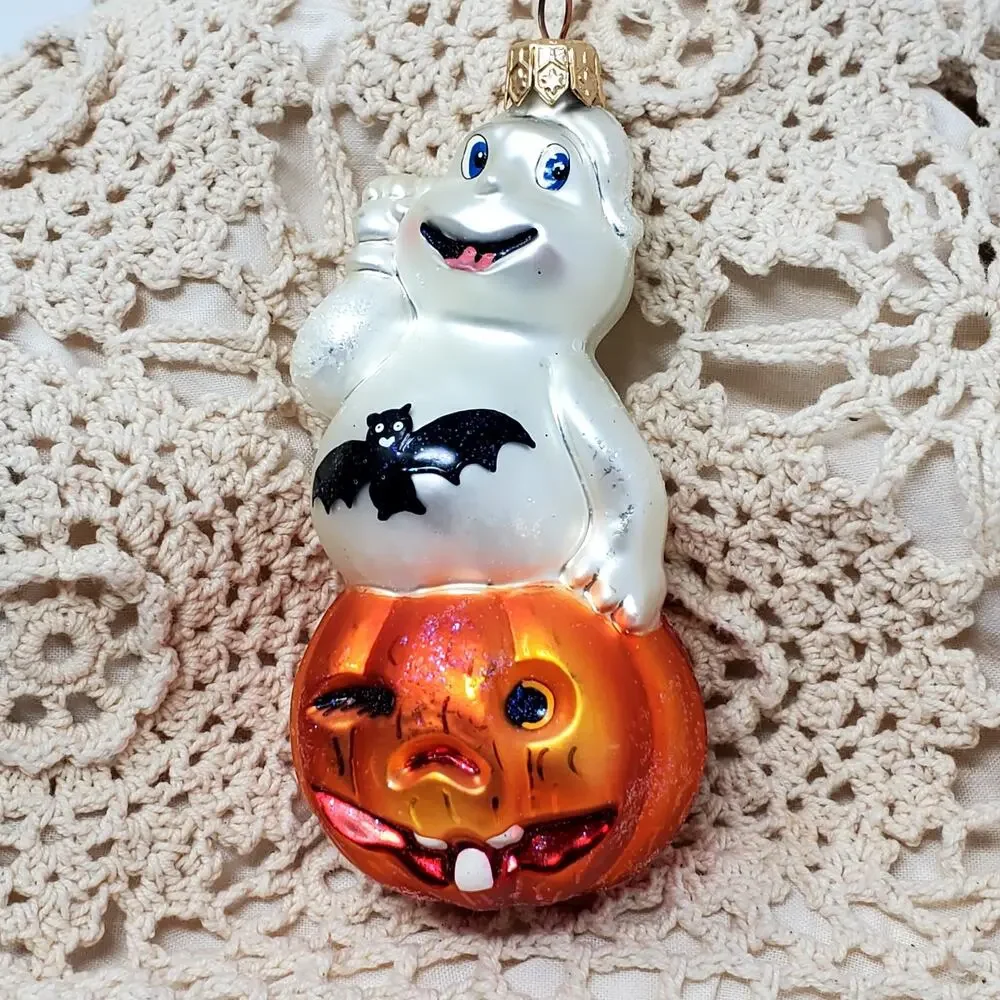 Christopher Radko JACK 'N SPOOK Glass Ghost Pumpkin Bat Halloween Ornament